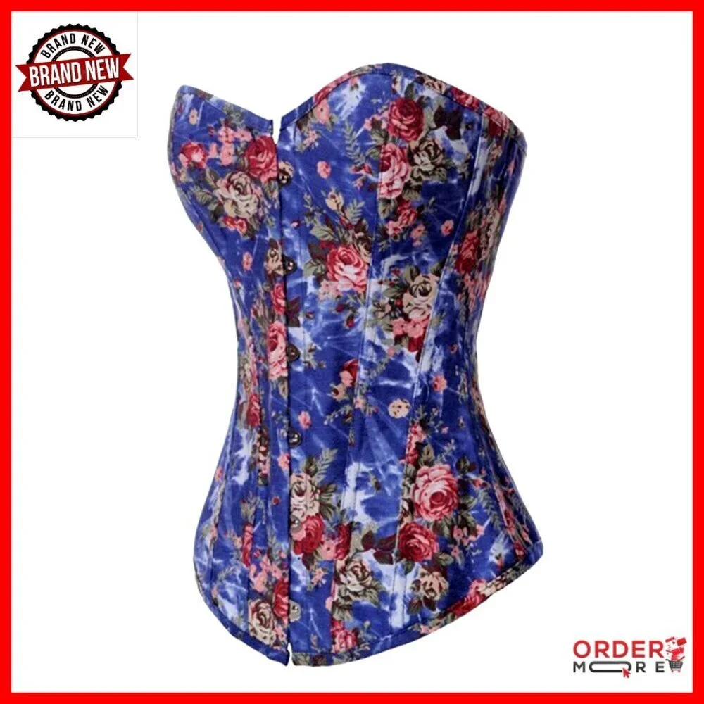 Vintage Floral Denim Corset Bustier Top Steampunk Gothic Lace Up